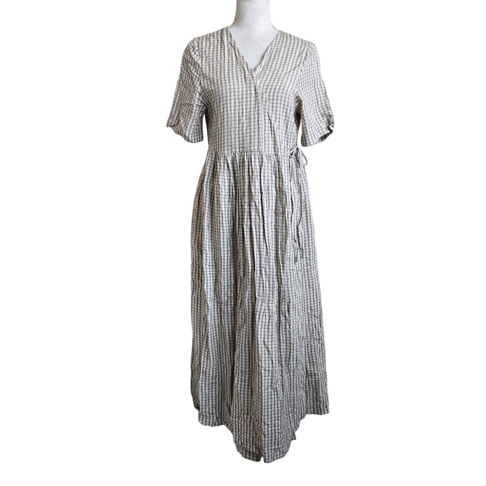 ICHI Womens Beige Gingham V-Neck Short Sleeve Ihhaimi Dr Wrap Midi Dress Size 36